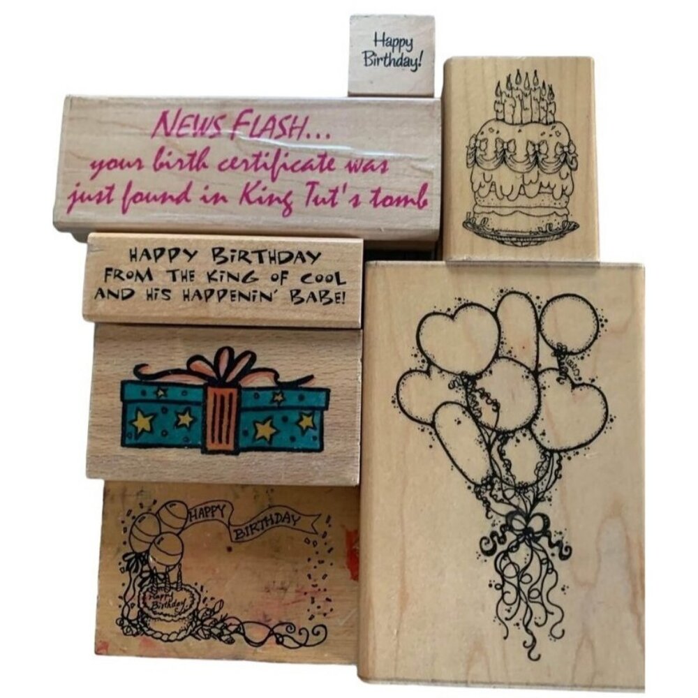 Birthday-Themed Wooden Rubber Stamps Set  Pre-Owned Inkable Gems For Fun!